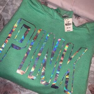 NWT VS PINK XS Green hoodie w Iridescent Logo